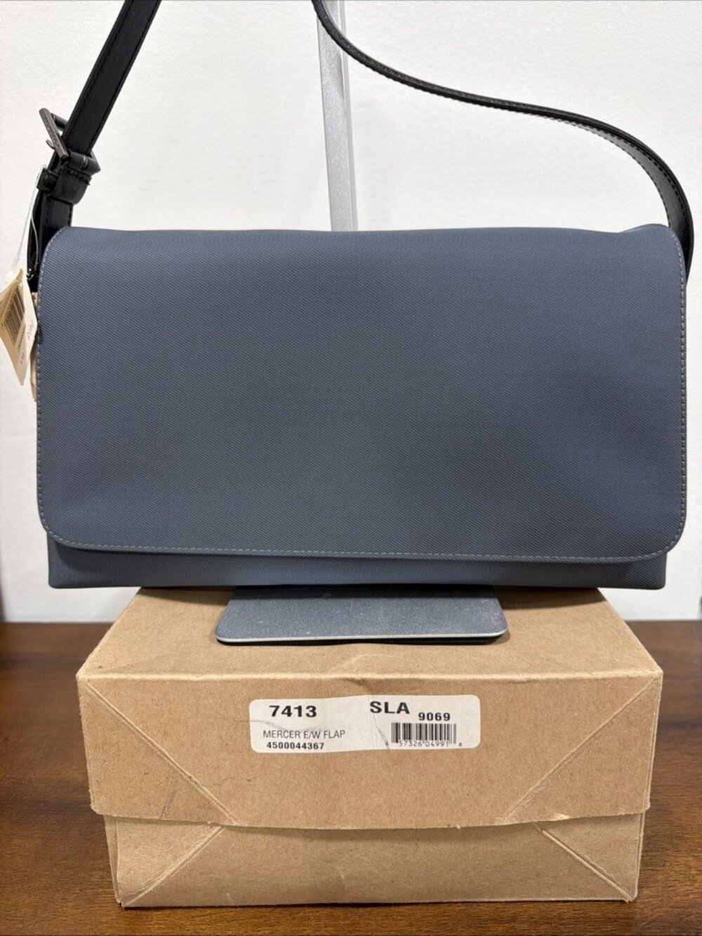 Coach 7413 Gray Twill Nylon Black Leather Trim Foldover Flap Shoulder Bag NIB